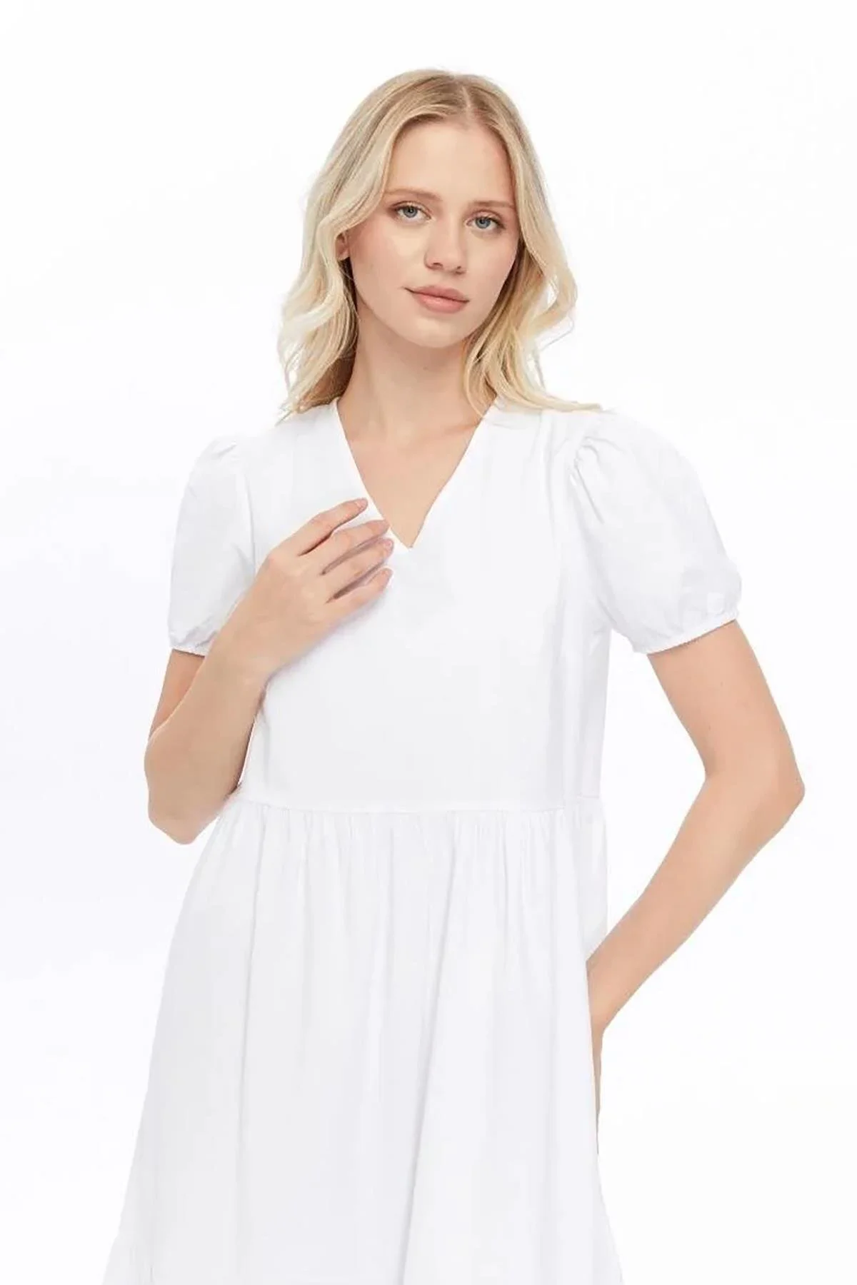 Apsen Kadın Beyaz V Yaka Büzgülü Midi Cotton Elbise 4439-100