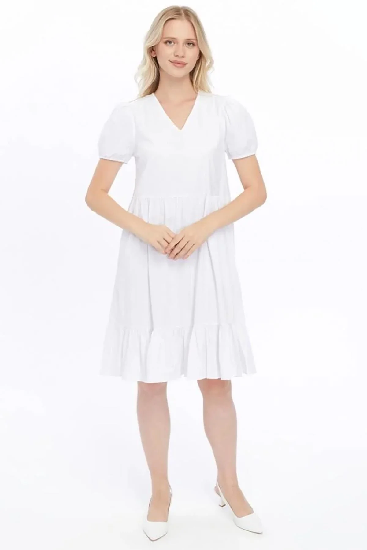 Apsen Kadın Beyaz V Yaka Büzgülü Midi Cotton Elbise 4439-100