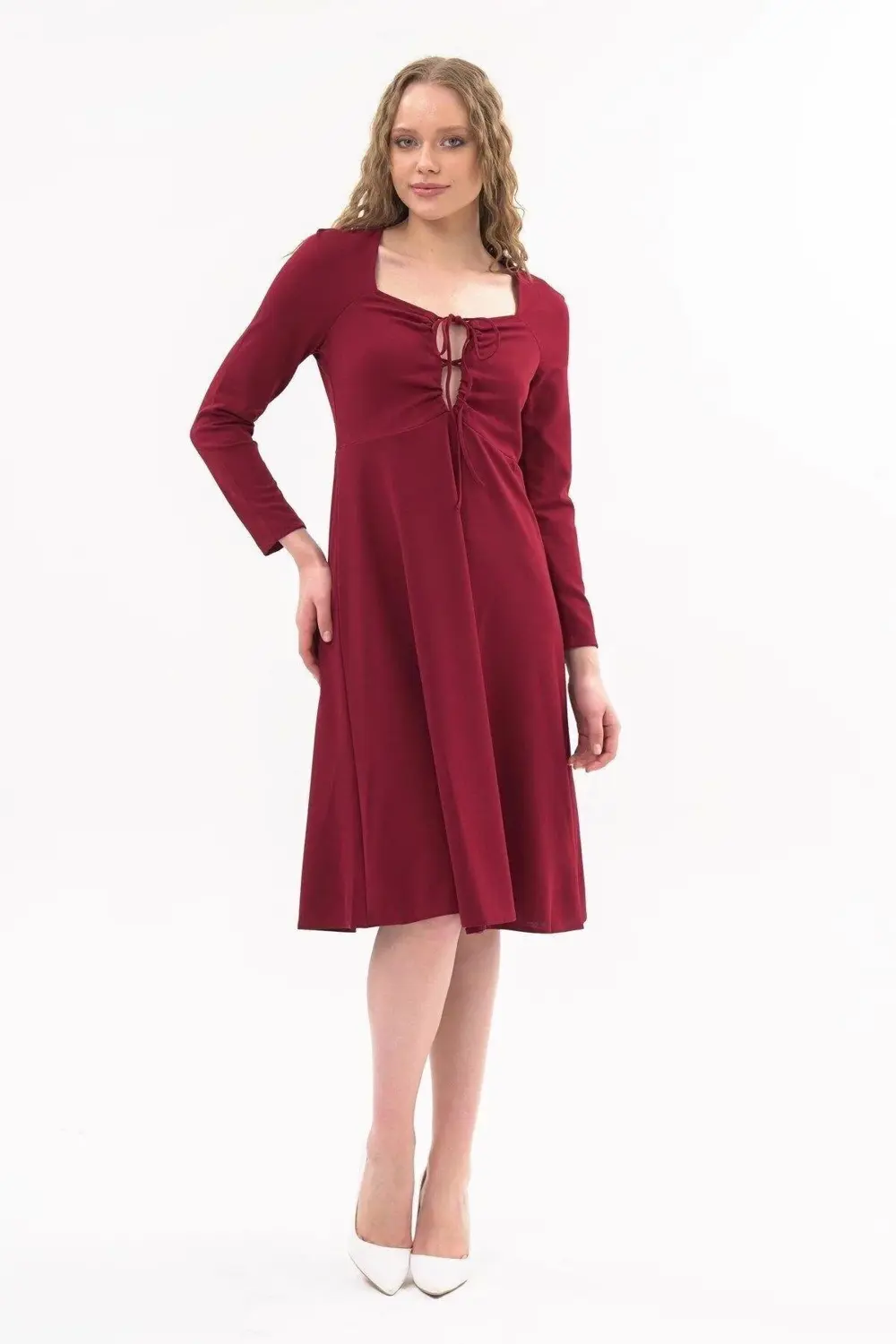 Apsen Kadın Bordo Göğsü Bağlama Detaylı Uzun Kol Mevsimlik Midi B