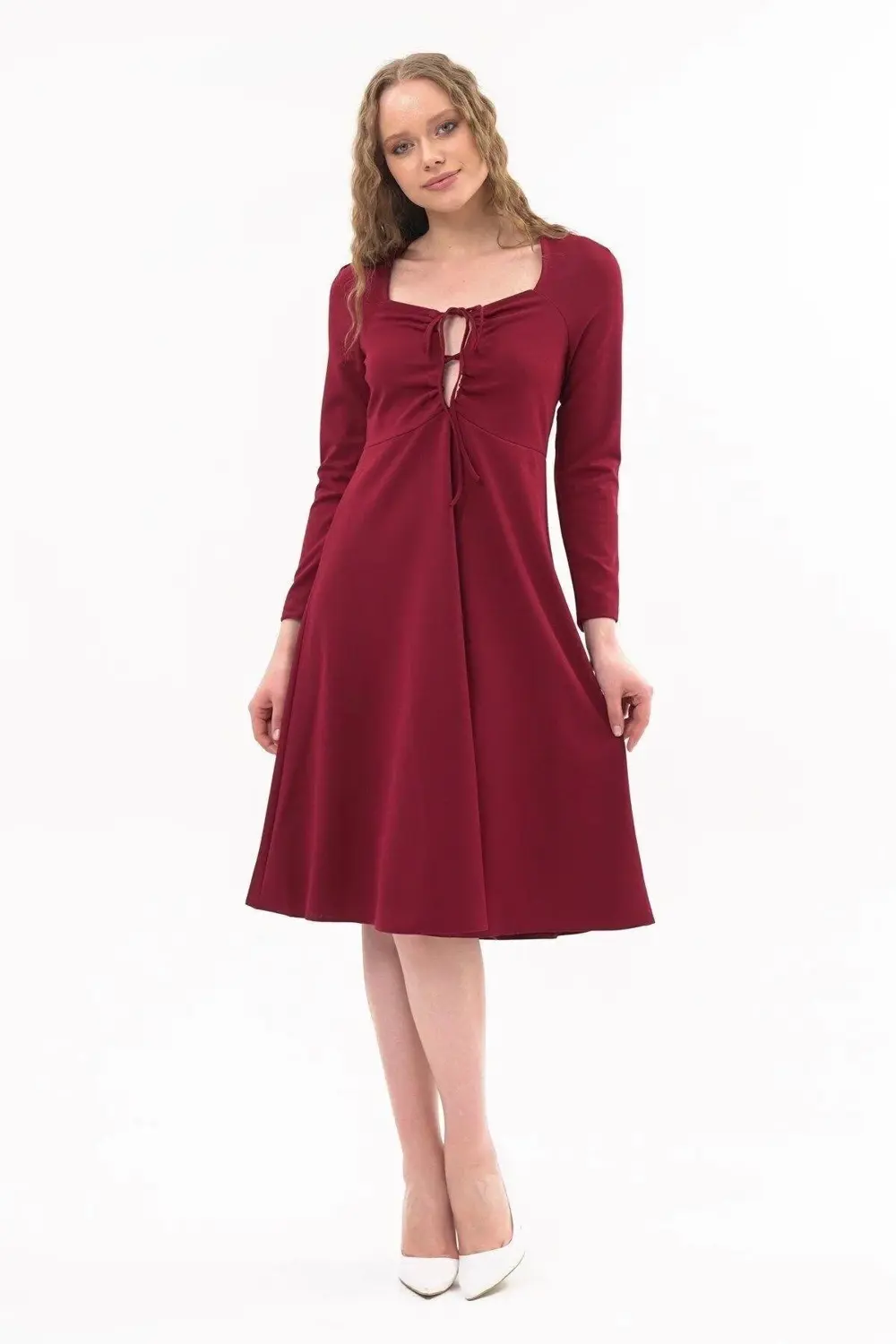 Apsen Kadın Bordo Göğsü Bağlama Detaylı Uzun Kol Mevsimlik Midi B