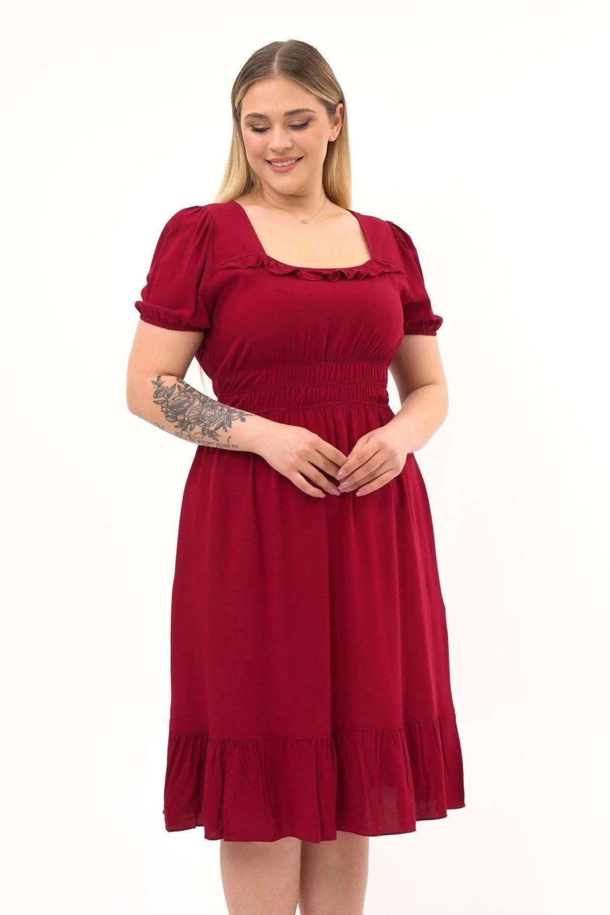 Apsen Kadın Bordo Kare Yaka Fırfır Detaylı Midi Boy Yazlık Viscon Elbise 4467-110