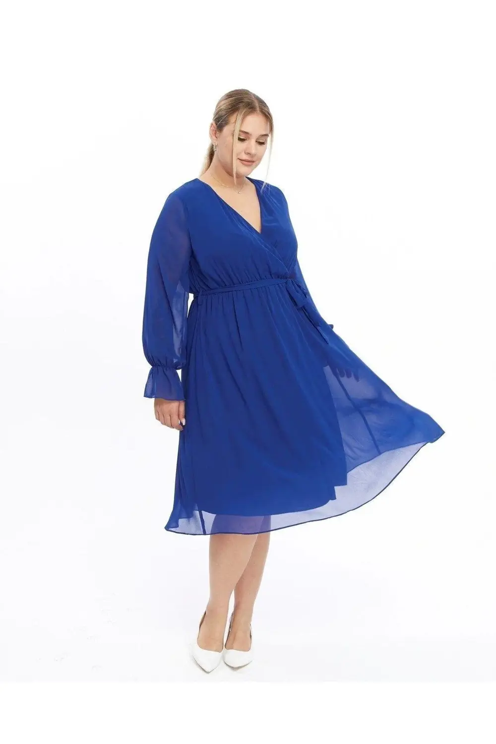 Apsen  Kadın Bordo Kruvaze Kuşaklı Büyük Beden Uzun Kol Şifon Elbi