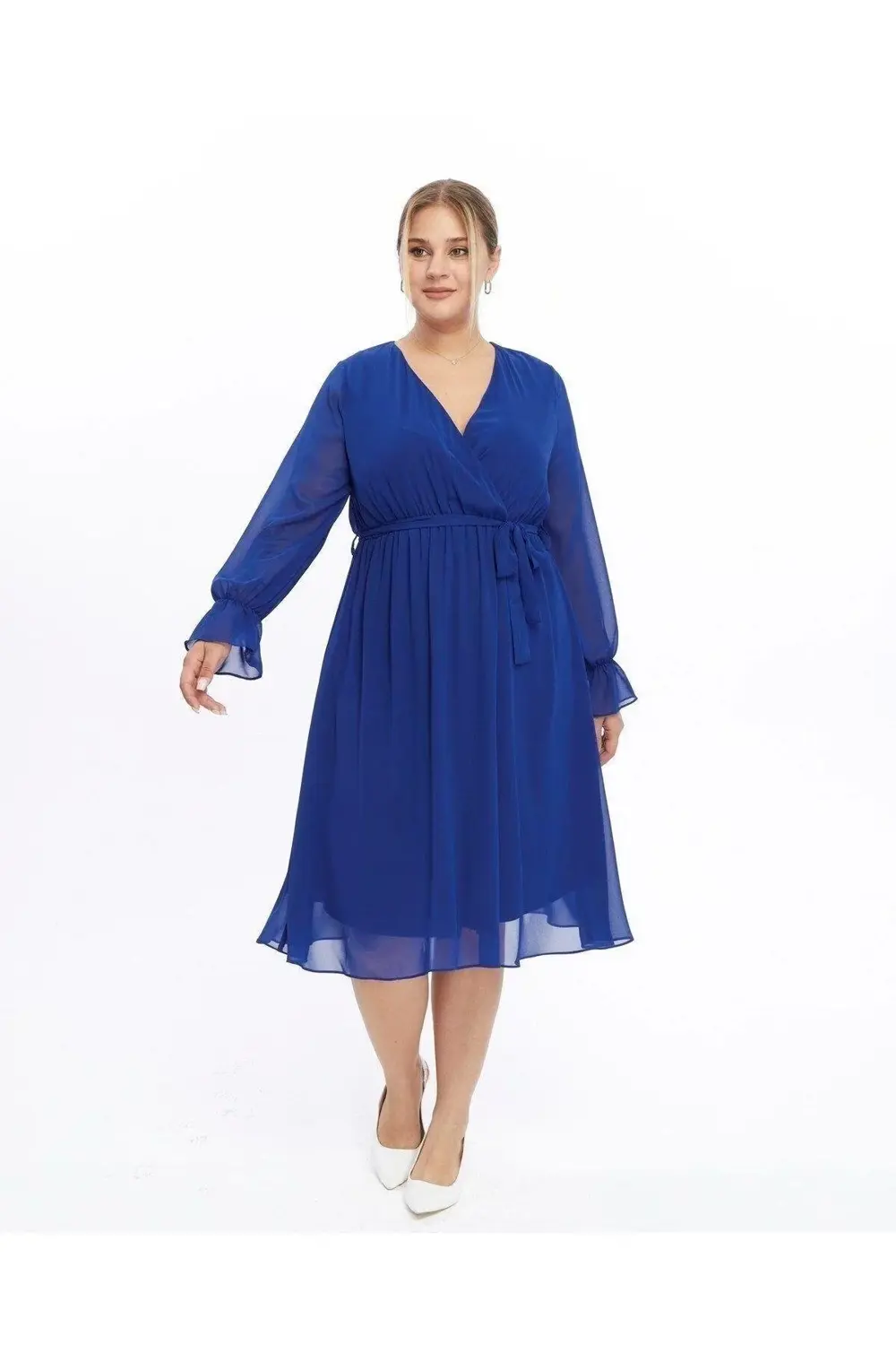 Apsen  Kadın Bordo Kruvaze Kuşaklı Büyük Beden Uzun Kol Şifon Elbi