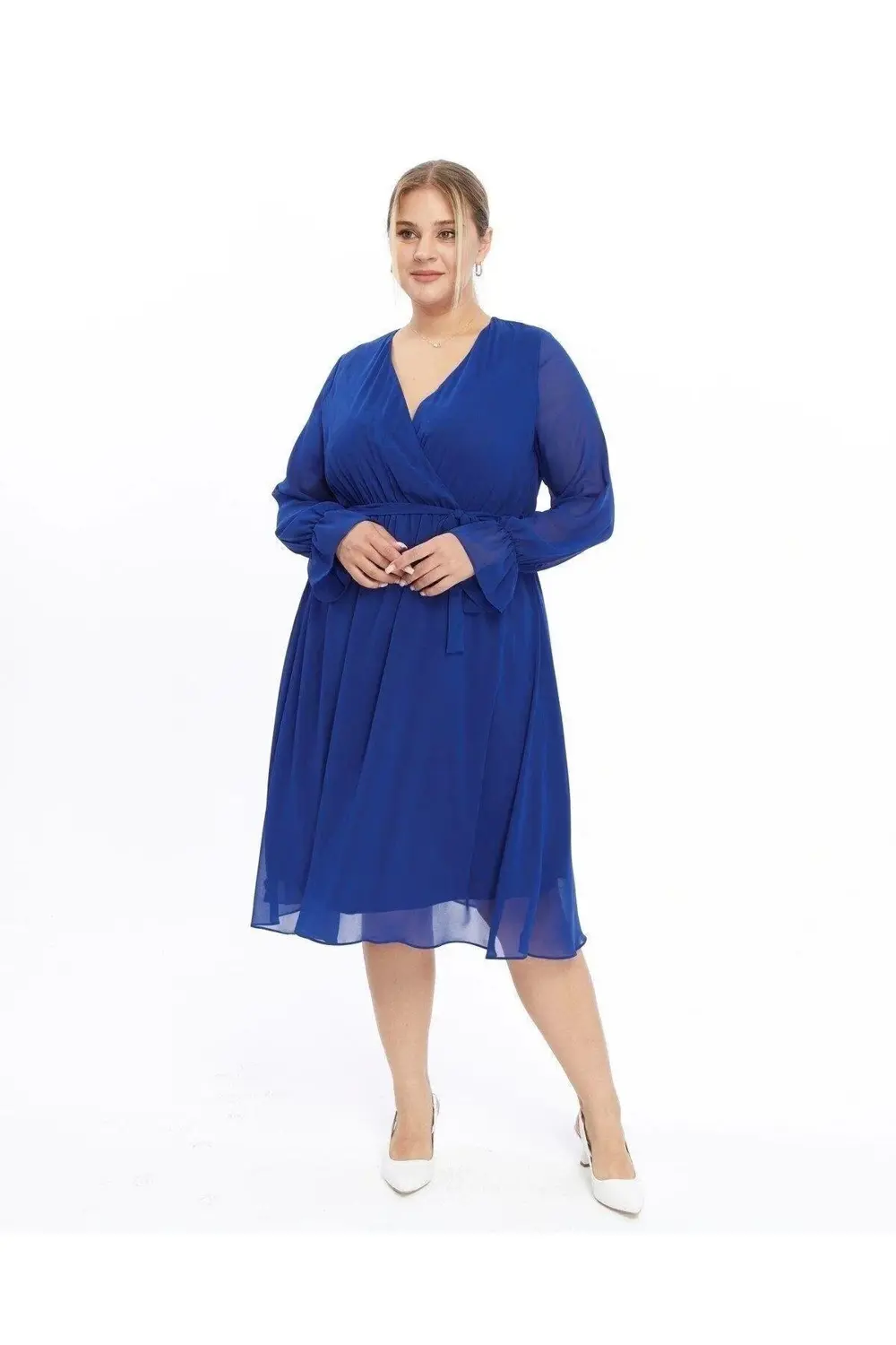 Apsen  Kadın Bordo Kruvaze Kuşaklı Büyük Beden Uzun Kol Şifon Elbi