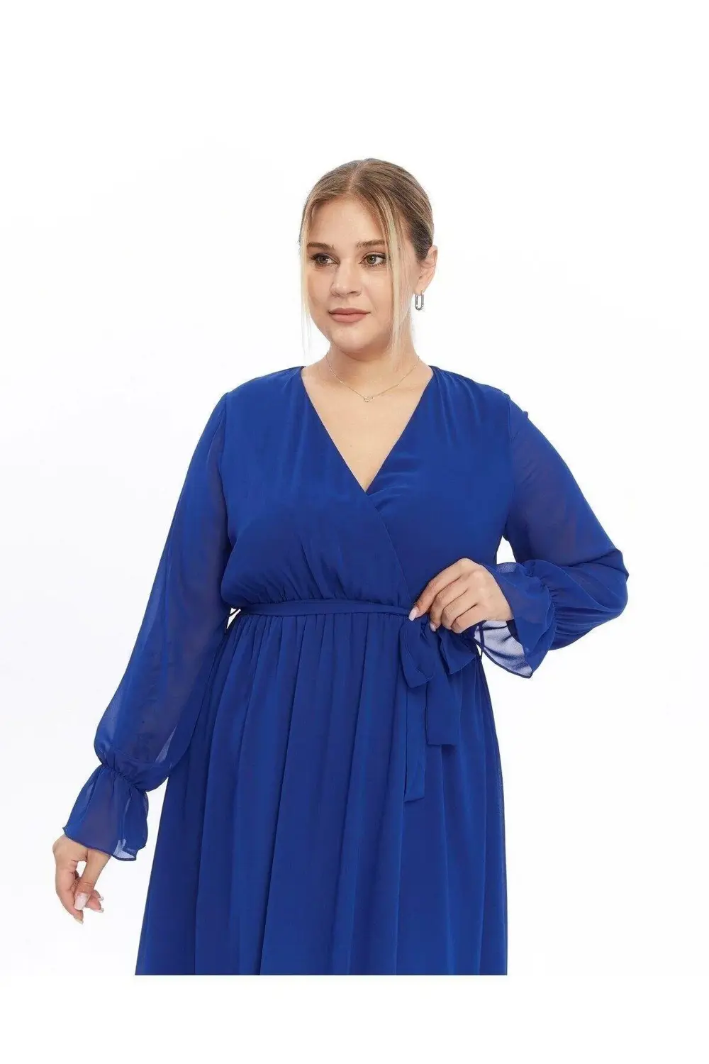 Apsen  Kadın Bordo Kruvaze Kuşaklı Büyük Beden Uzun Kol Şifon Elbi