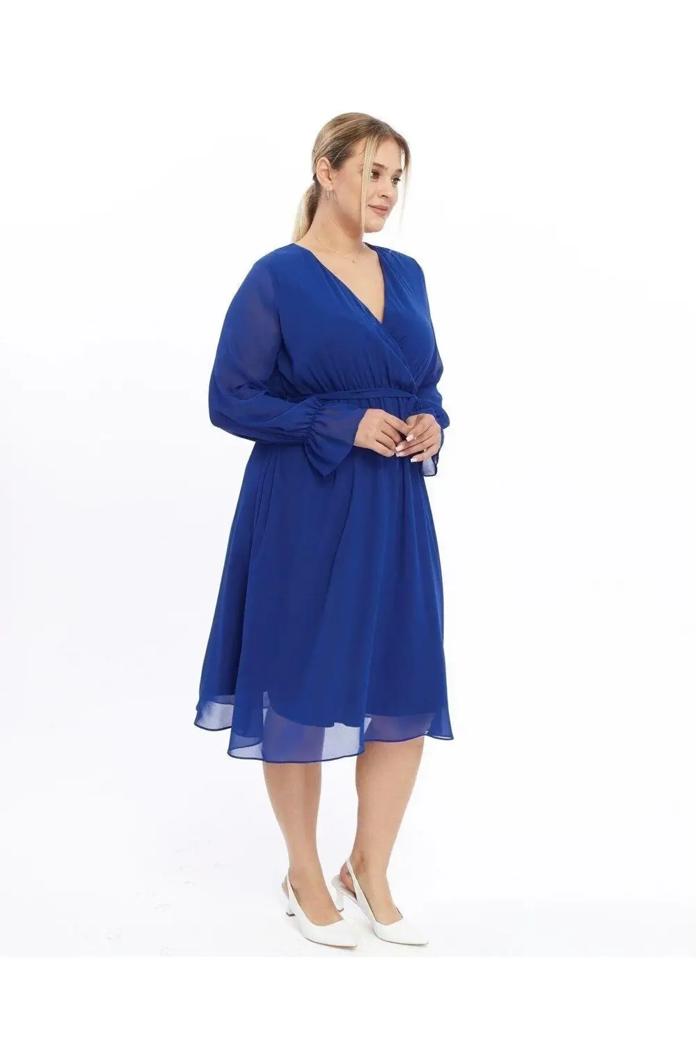 Apsen  Kadın Bordo Kruvaze Kuşaklı Büyük Beden Uzun Kol Şifon Elbi