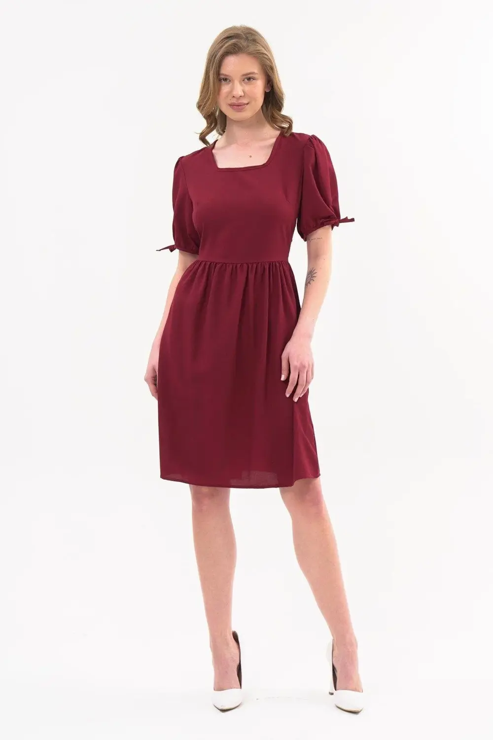 Apsen Kadın Bordo Renk Kare Yaka Kol Detaylı Elbise 4368-100