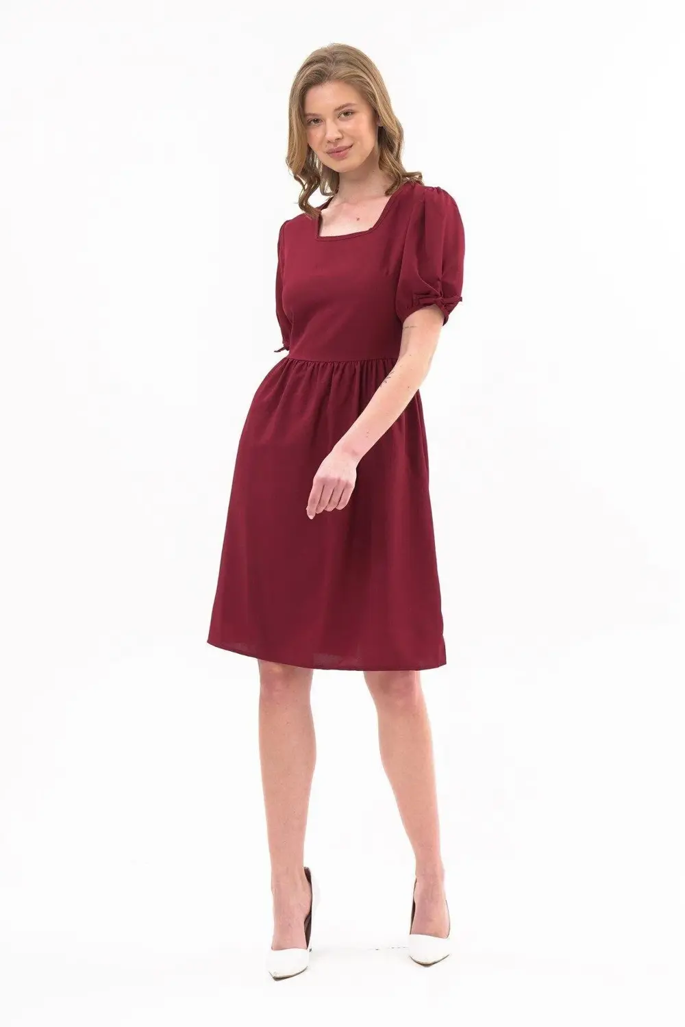 Apsen Kadın Bordo Renk Kare Yaka Kol Detaylı Elbise 4368-100