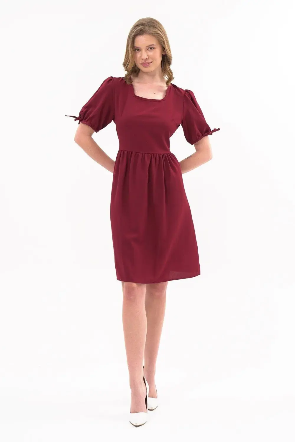 Apsen Kadın Bordo Renk Kare Yaka Kol Detaylı Elbise 4368-100