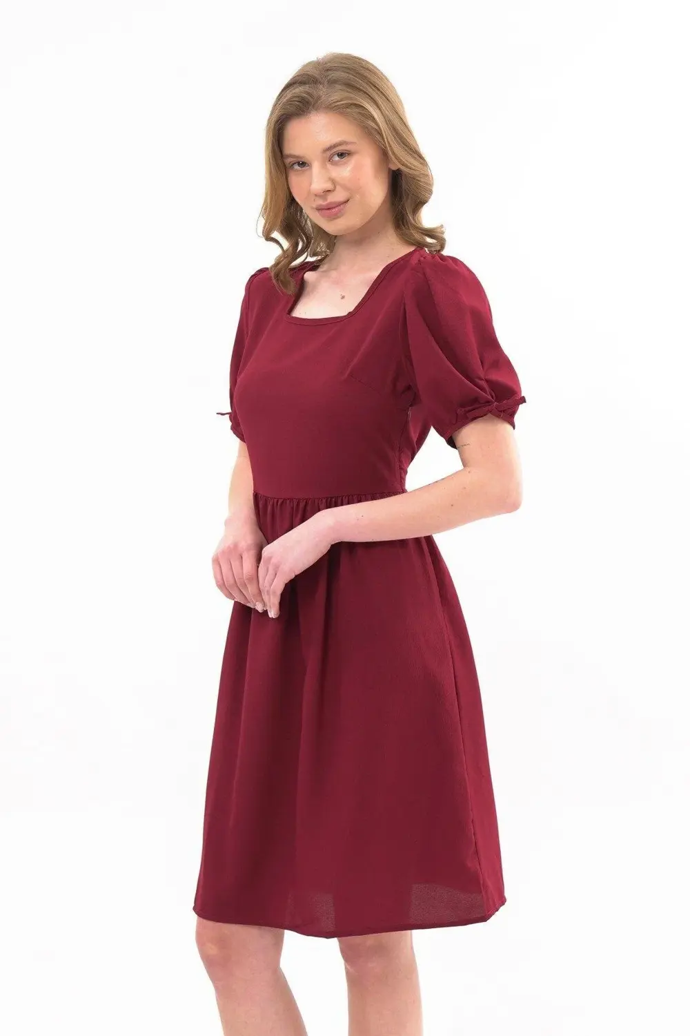 Apsen Kadın Bordo Renk Kare Yaka Kol Detaylı Elbise 4368-100