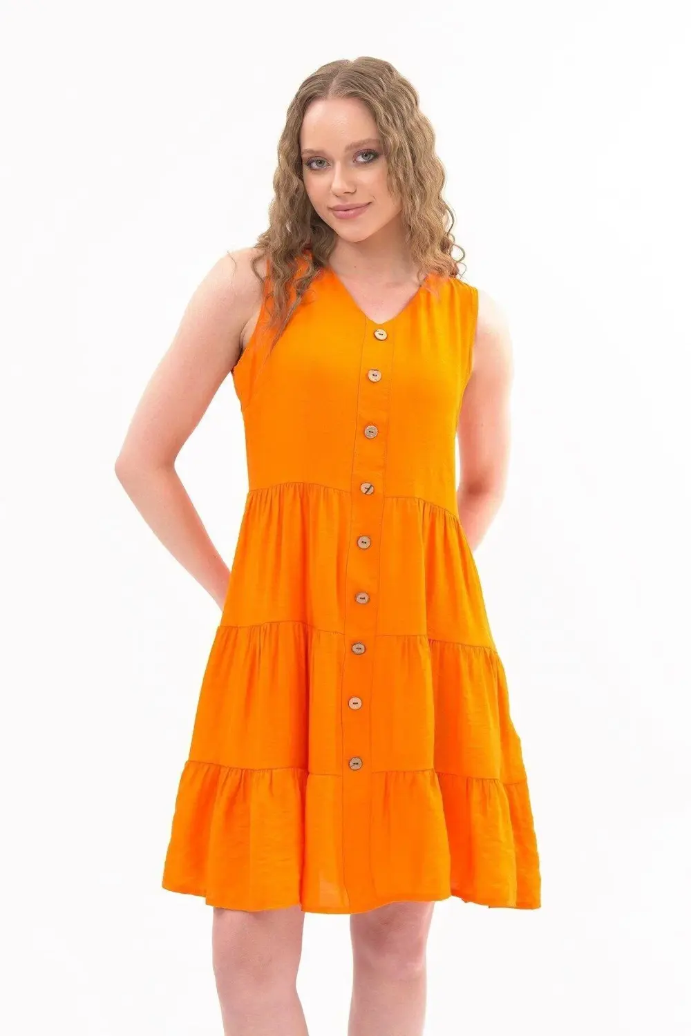 Apsen Kadın Boydan Düğmeli Yeni Sezon V Yaka Midi Boy Elbise 4472