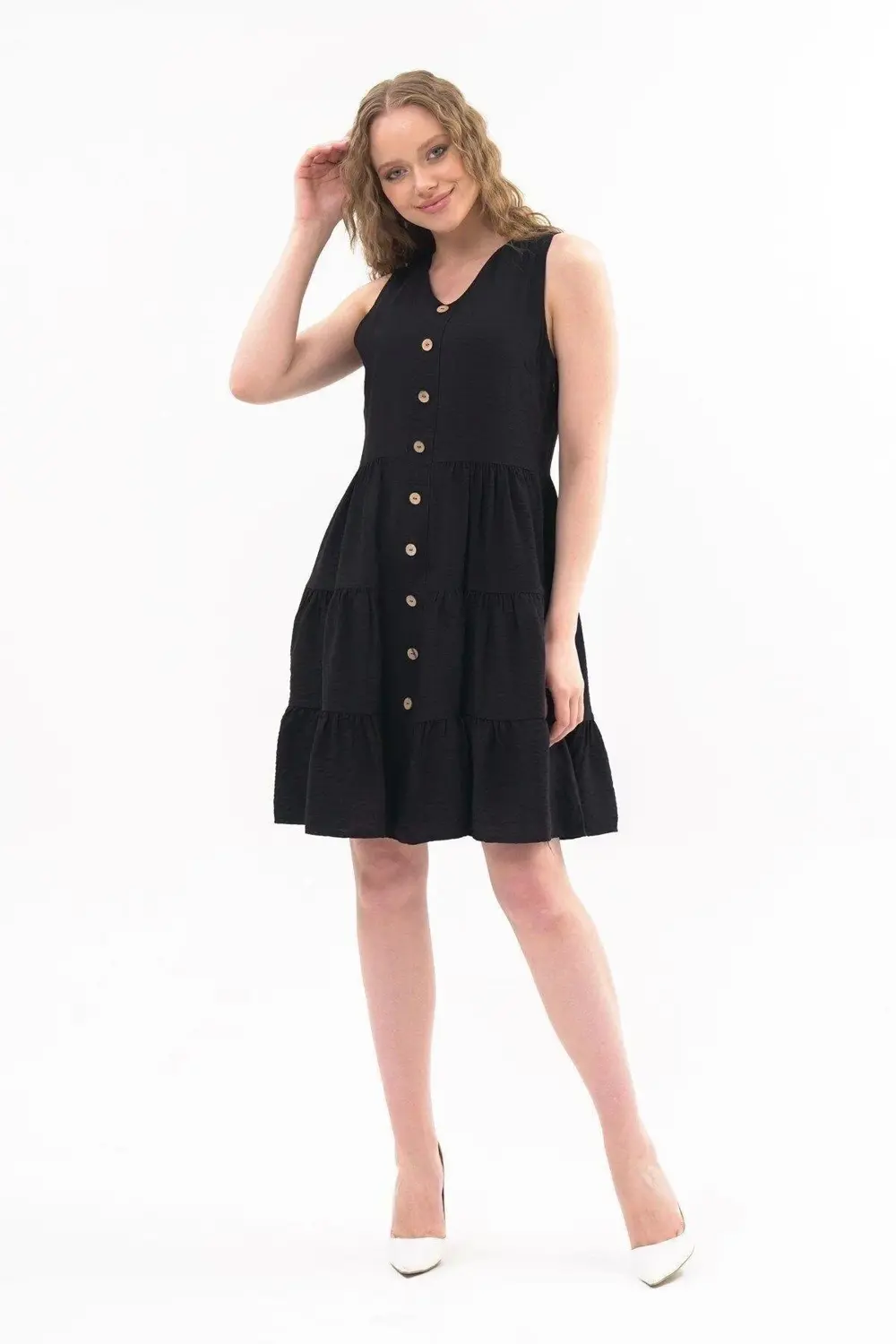 Apsen Kadın Boydan Düğmeli Yeni Sezon V Yaka Midi Boy Elbise 4472