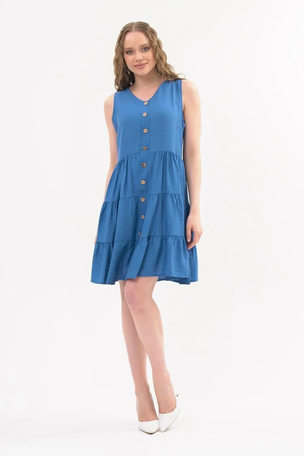 Apsen Kadın Boydan Düğmeli Yeni Sezon V Yaka Midi Boy Elbise 4472