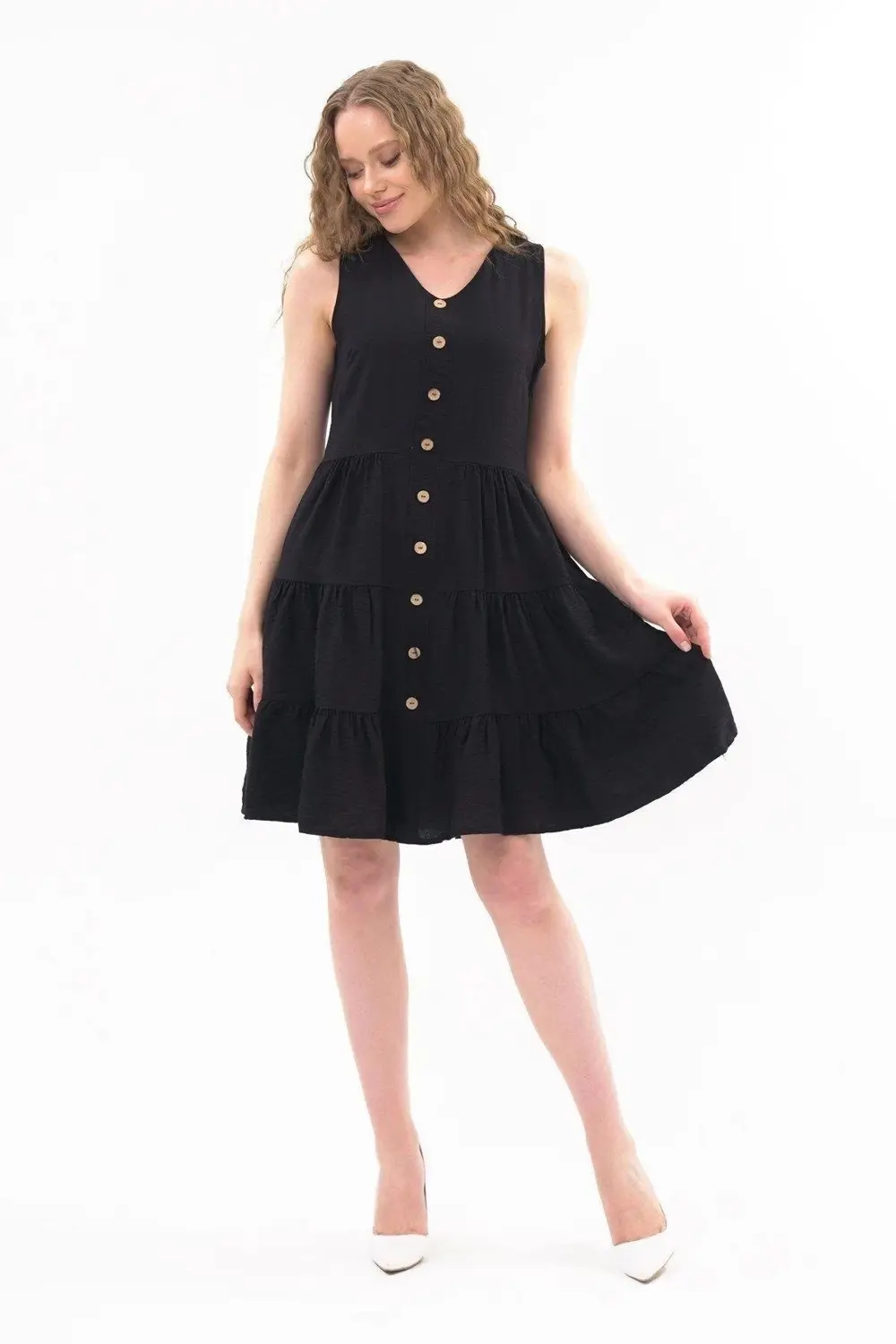 Apsen Kadın Boydan Düğmeli Yeni Sezon V Yaka Midi Boy Elbise 4472