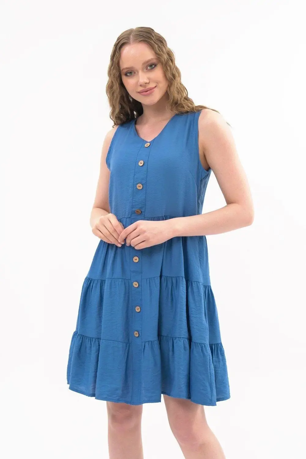 Apsen Kadın Boydan Düğmeli Yeni Sezon V Yaka Midi Boy Elbise 4472