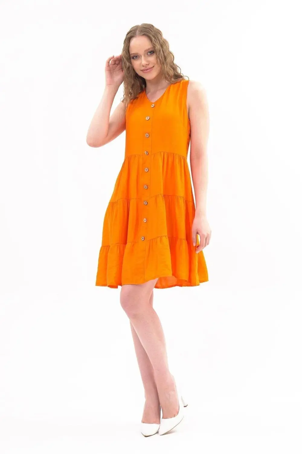 Apsen Kadın Boydan Düğmeli Yeni Sezon V Yaka Midi Boy Elbise 4472