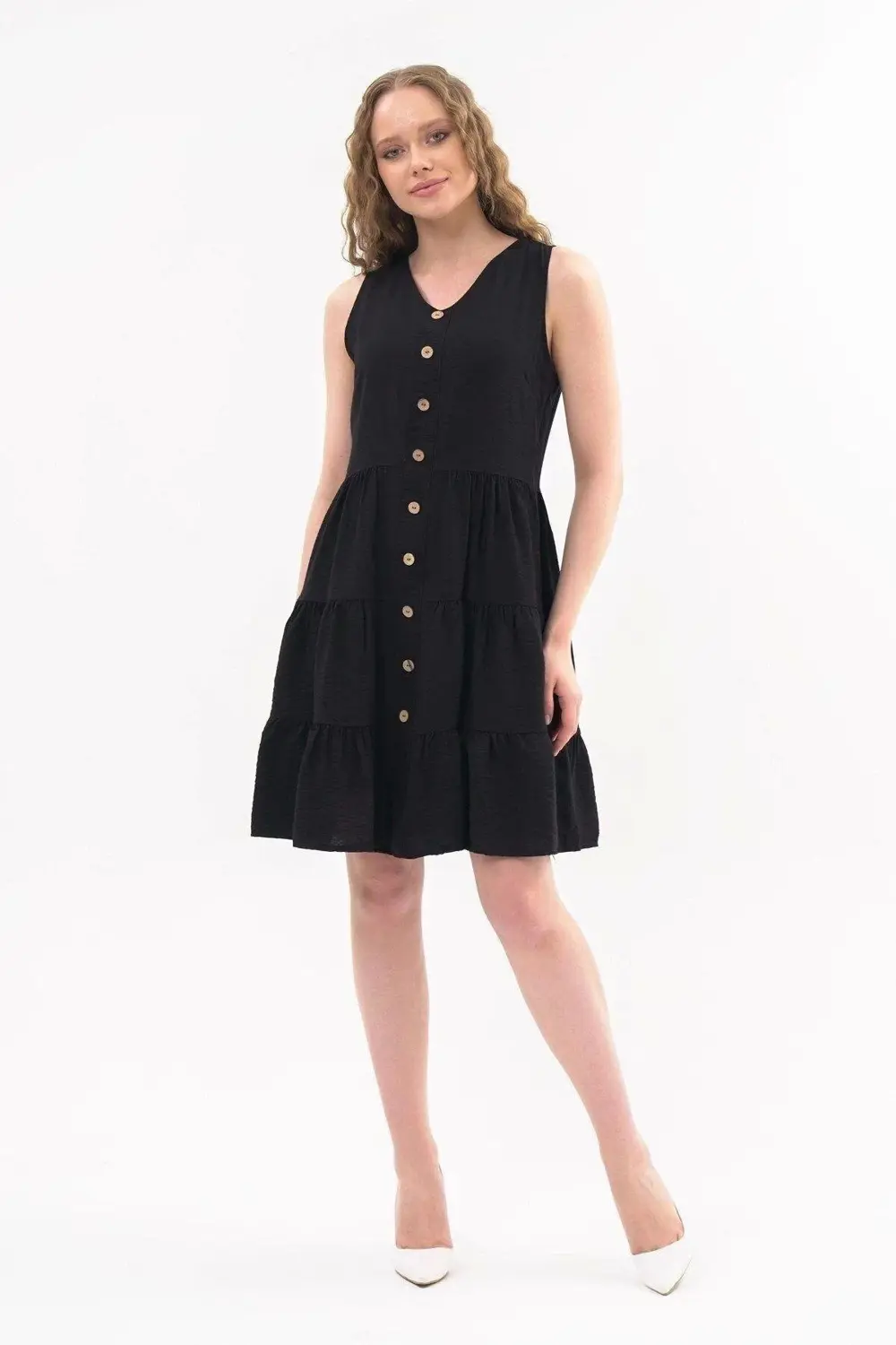 Apsen Kadın Boydan Düğmeli Yeni Sezon V Yaka Midi Boy Elbise 4472