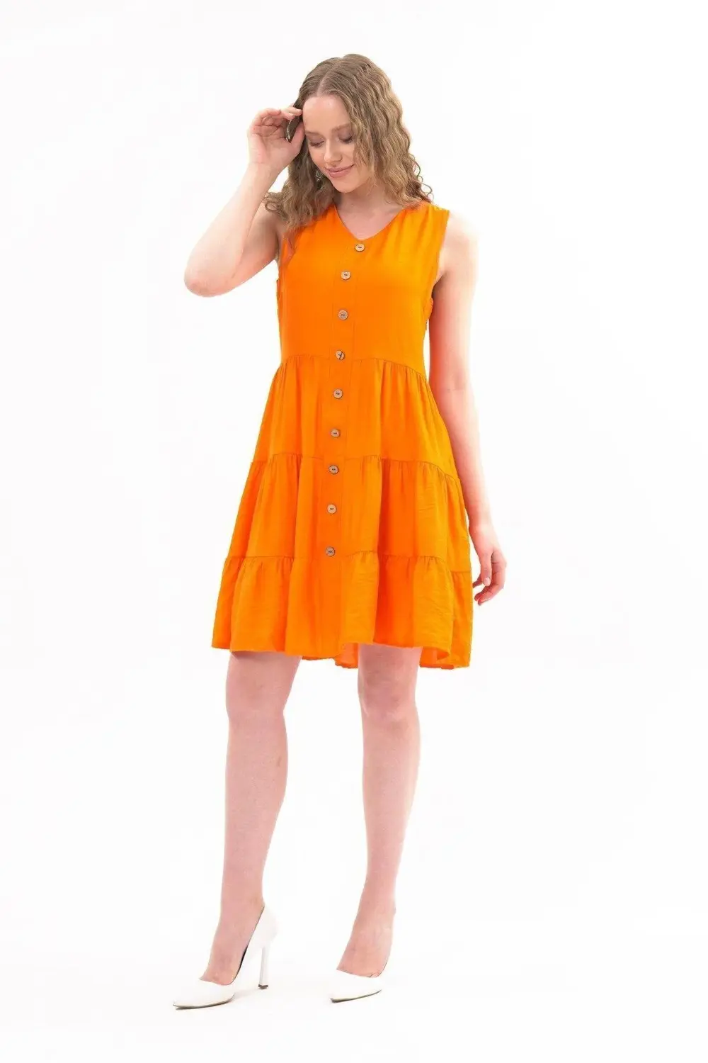 Apsen Kadın Boydan Düğmeli Yeni Sezon V Yaka Midi Boy Elbise 4472