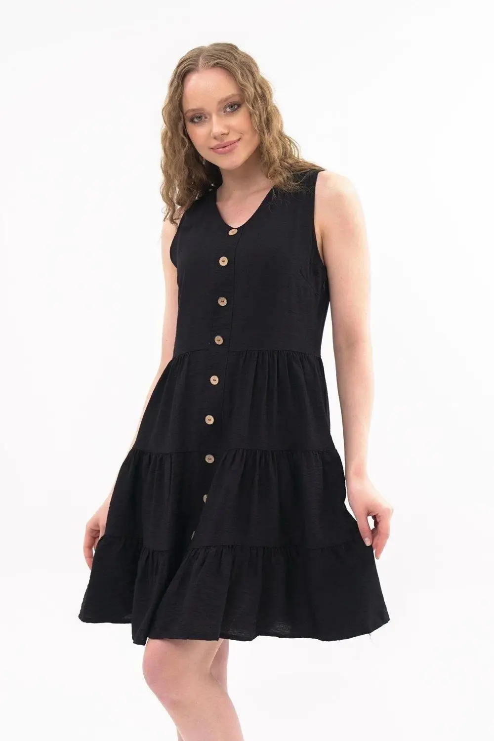 Apsen Kadın Boydan Düğmeli Yeni Sezon V Yaka Midi Boy Elbise 4472