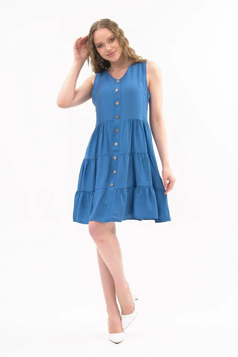 Apsen Kadın Boydan Düğmeli Yeni Sezon V Yaka Midi Boy Elbise 4472