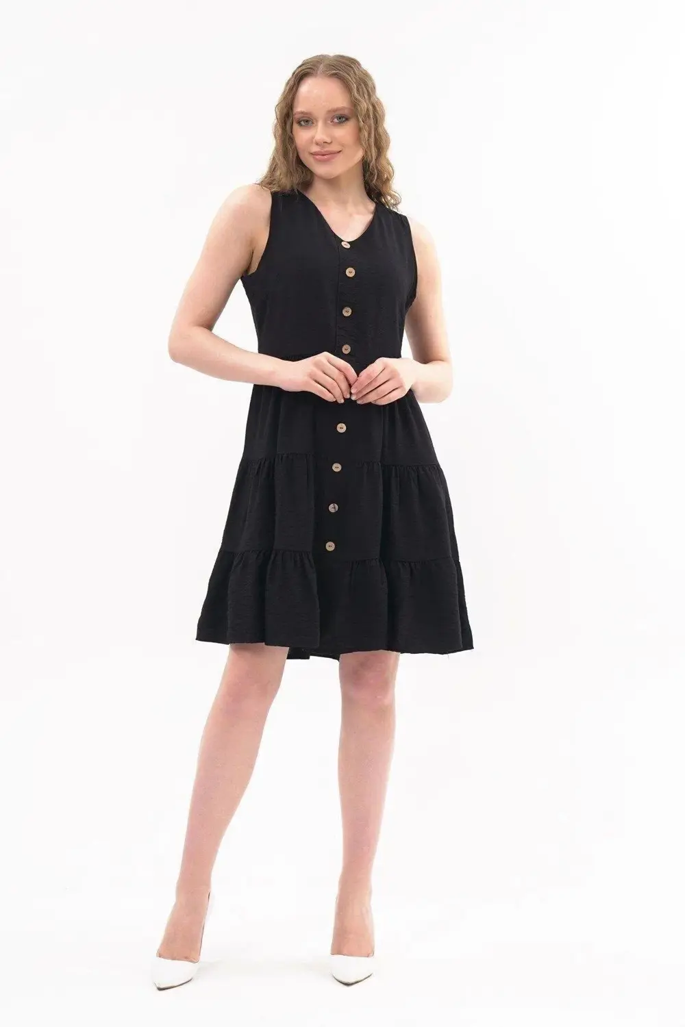 Apsen Kadın Boydan Düğmeli Yeni Sezon V Yaka Midi Boy Elbise 4472