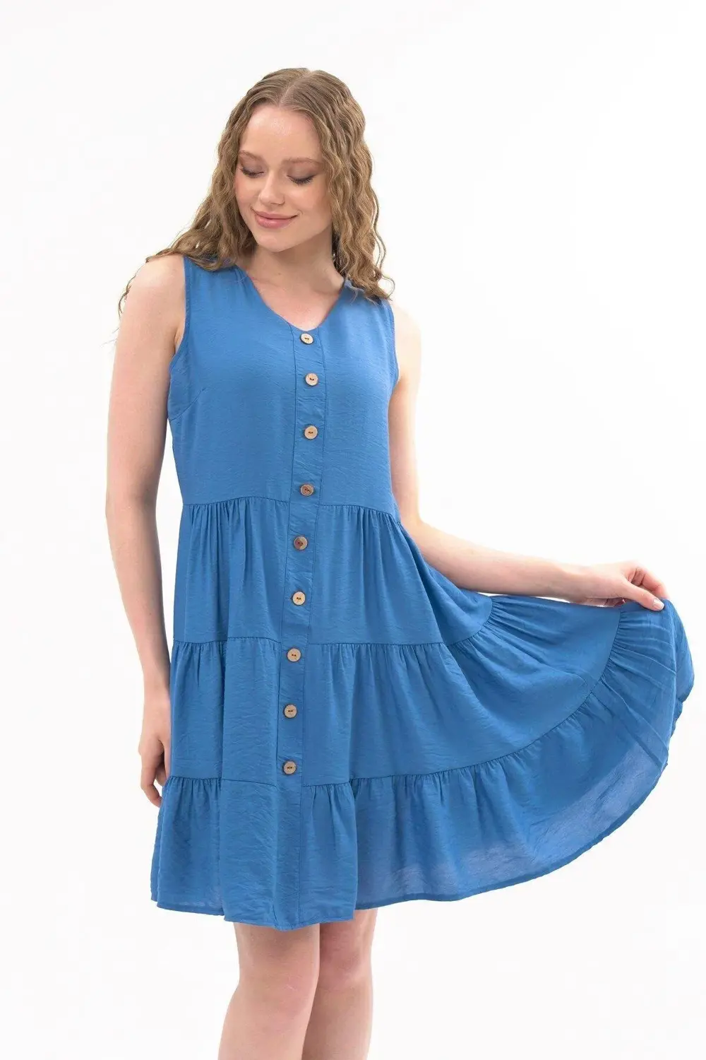 Apsen Kadın Boydan Düğmeli Yeni Sezon V Yaka Midi Boy Elbise 4472