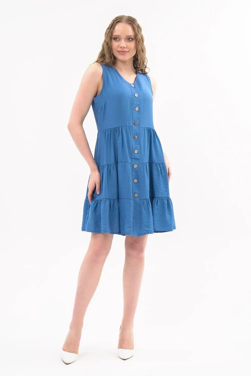 Apsen Kadın Boydan Düğmeli Yeni Sezon V Yaka Midi Boy Elbise 4472