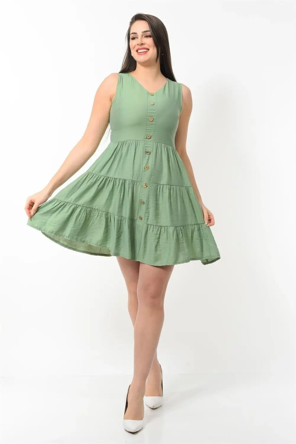 Apsen Kadın Boydan Düğmeli Yeni Sezon V Yaka Midi Boy Elbise 4472