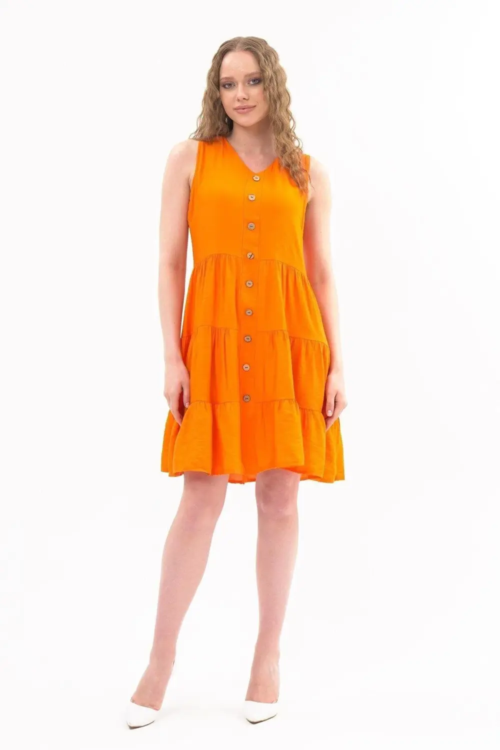 Apsen Kadın Boydan Düğmeli Yeni Sezon V Yaka Midi Boy Elbise 4472