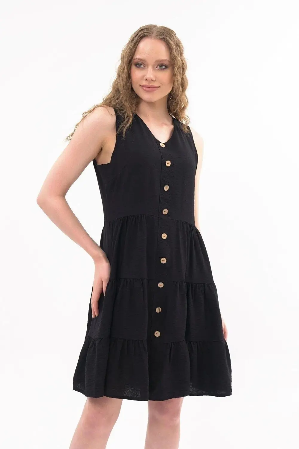 Apsen Kadın Boydan Düğmeli Yeni Sezon V Yaka Midi Boy Elbise 4472