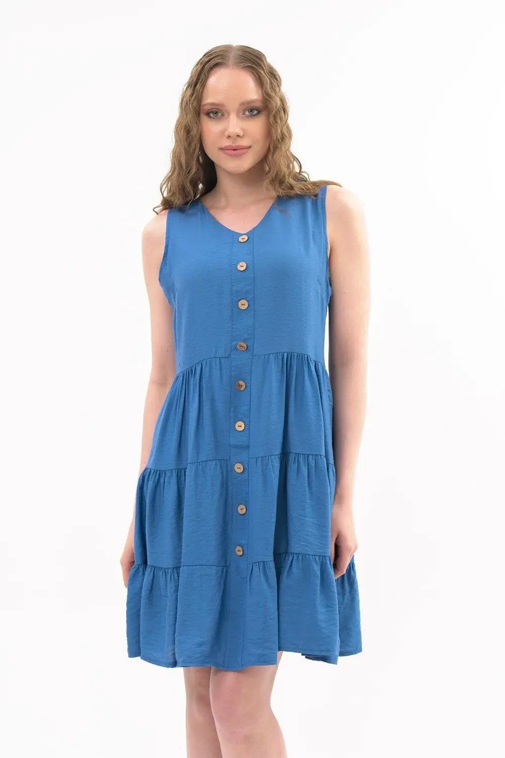 Apsen Kadın Boydan Düğmeli Yeni Sezon V Yaka Midi Boy Elbise 4472