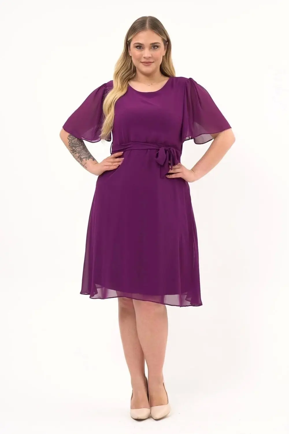 Apsen  Kadın Büyük Beden Melek Kol Midi Boy Şifon Elbise 4257-110