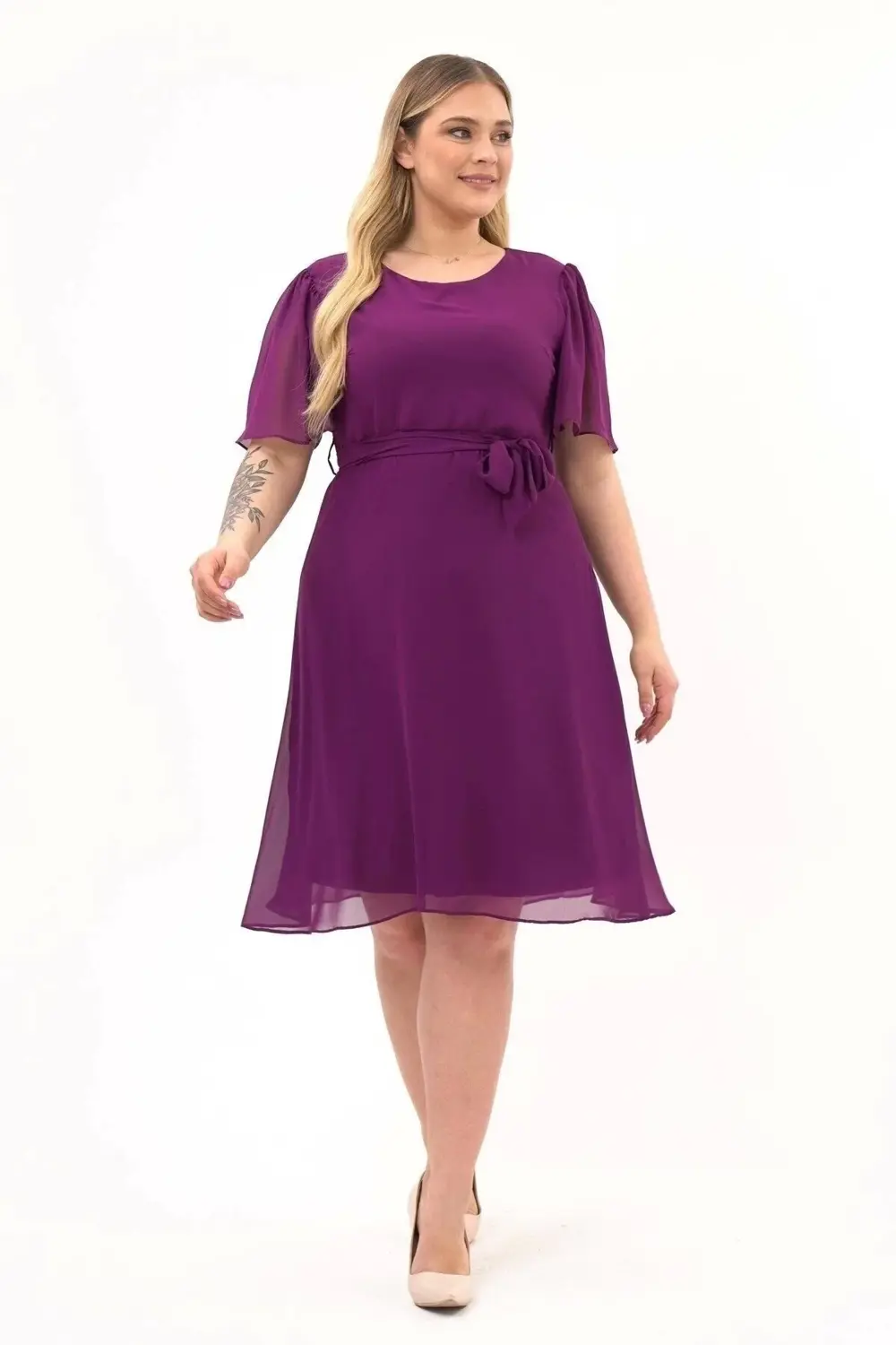 Apsen  Kadın Büyük Beden Melek Kol Midi Boy Şifon Elbise 4257-110