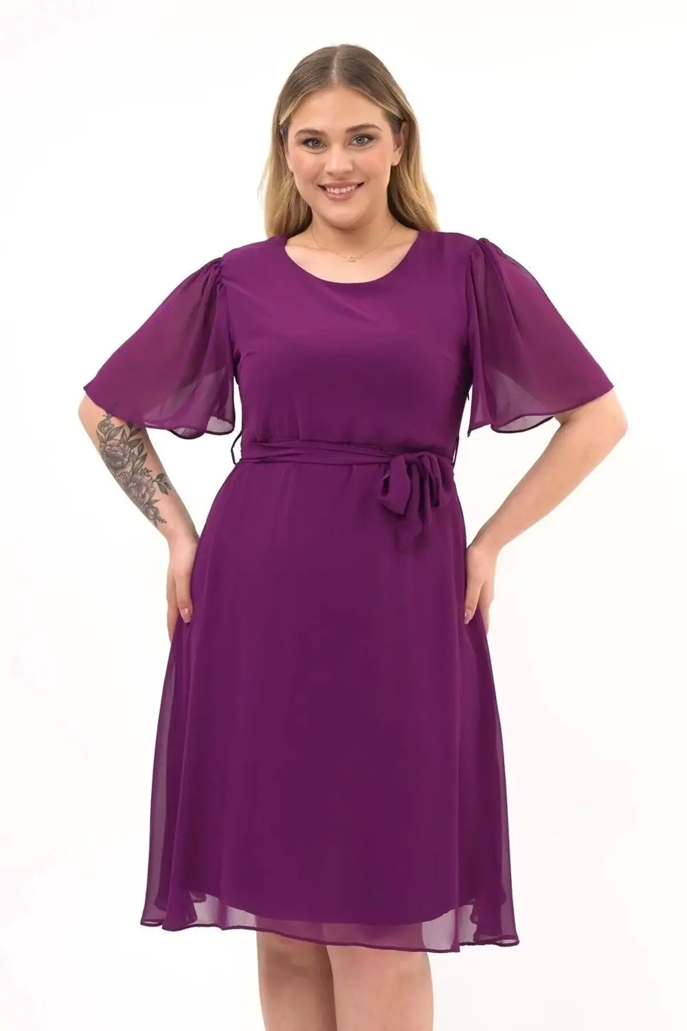 Apsen  Kadın Büyük Beden Melek Kol Midi Boy Şifon Elbise 4257-110