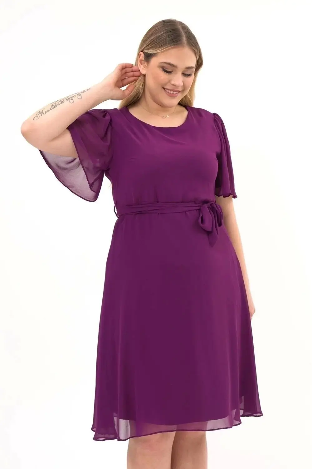 Apsen  Kadın Büyük Beden Melek Kol Midi Boy Şifon Elbise 4257-110