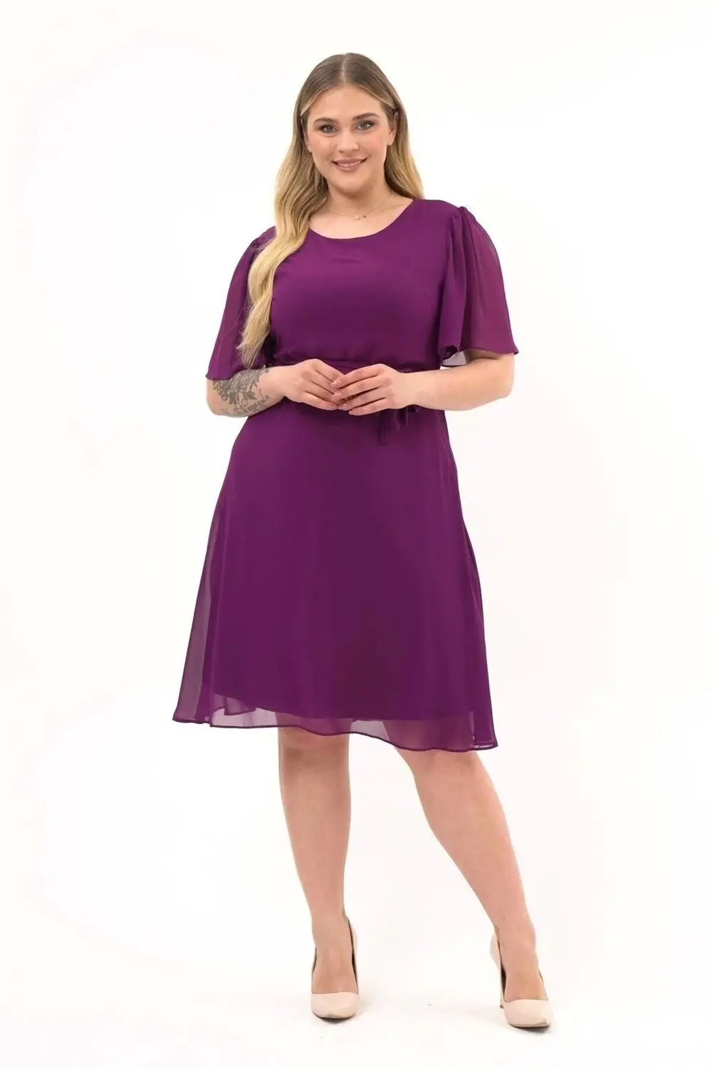 Apsen  Kadın Büyük Beden Melek Kol Midi Boy Şifon Elbise 4257-110