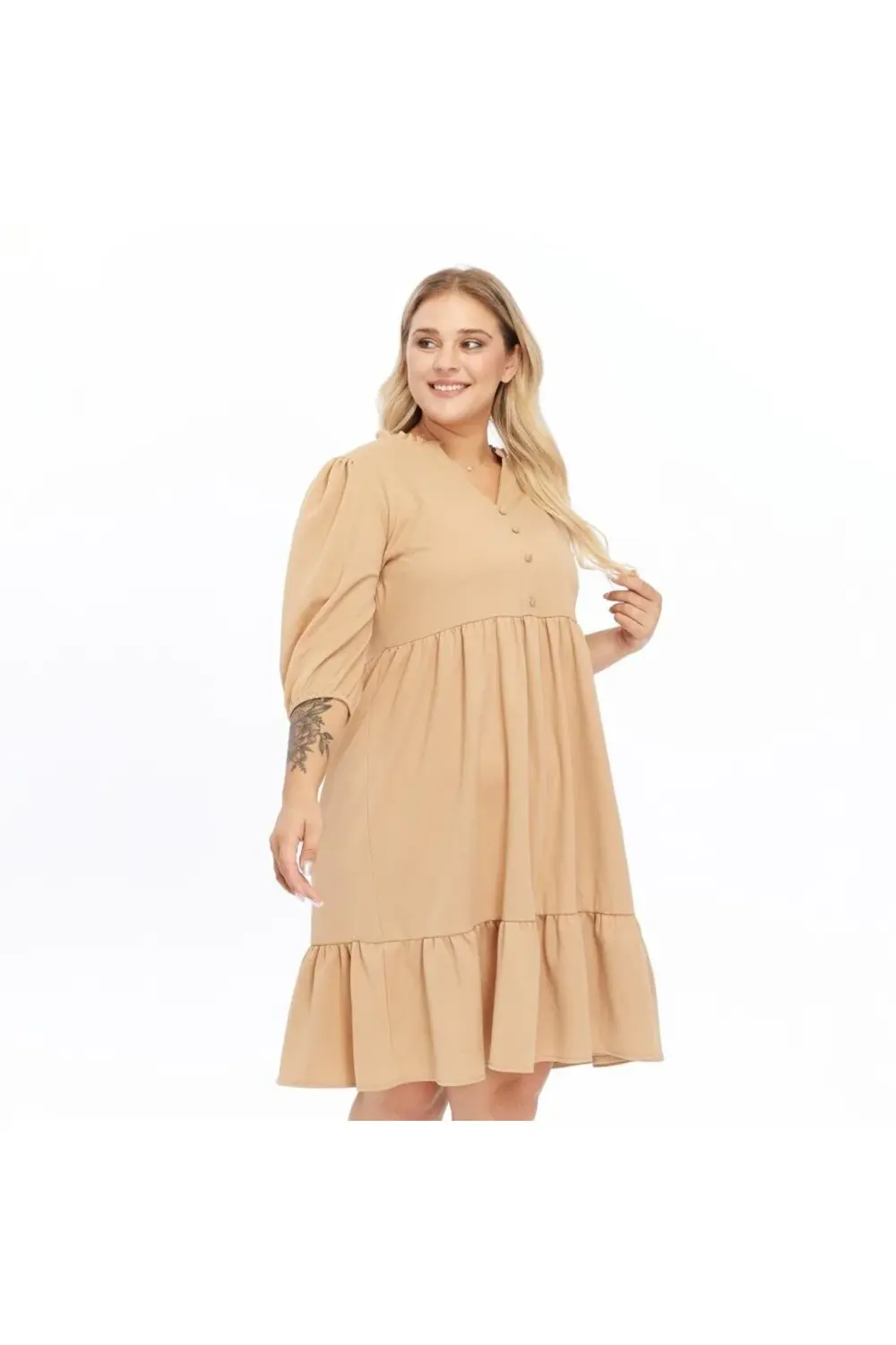 Apsen  Kadın Büzgü Detaylı Düğmeli Midi Boy Büyük Beden Elbise 441