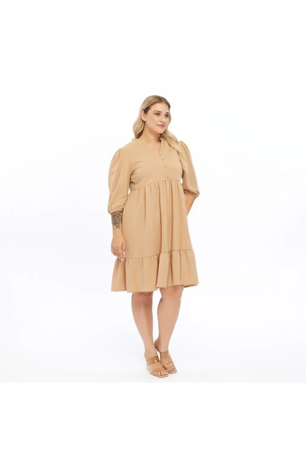 Apsen  Kadın Büzgü Detaylı Düğmeli Midi Boy Büyük Beden Elbise 441