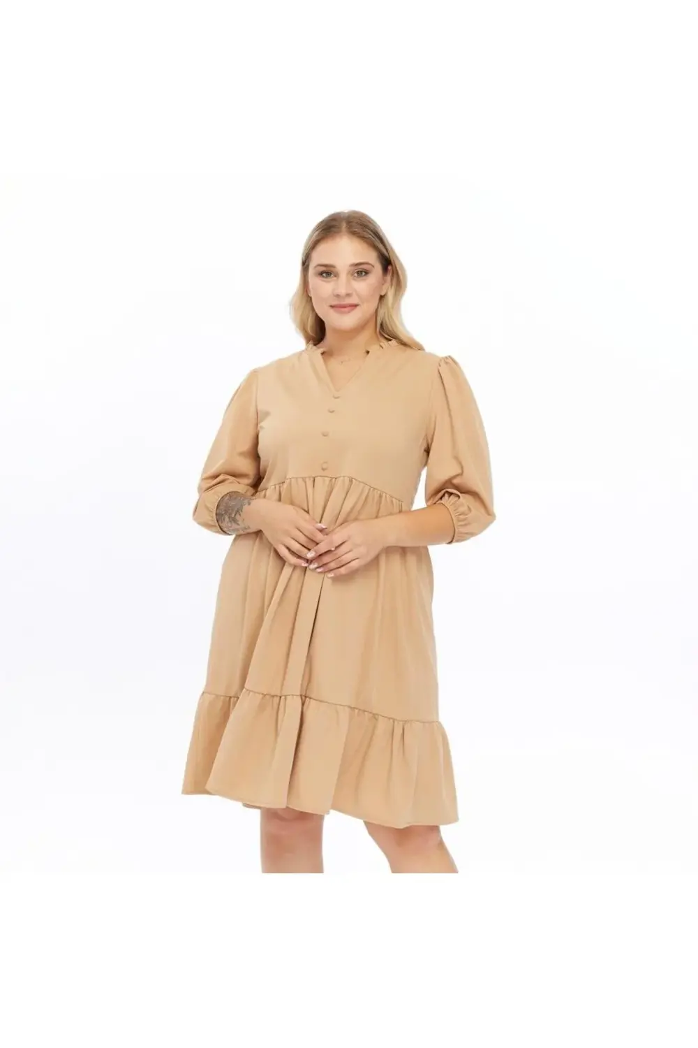 Apsen  Kadın Büzgü Detaylı Düğmeli Midi Boy Büyük Beden Elbise 441