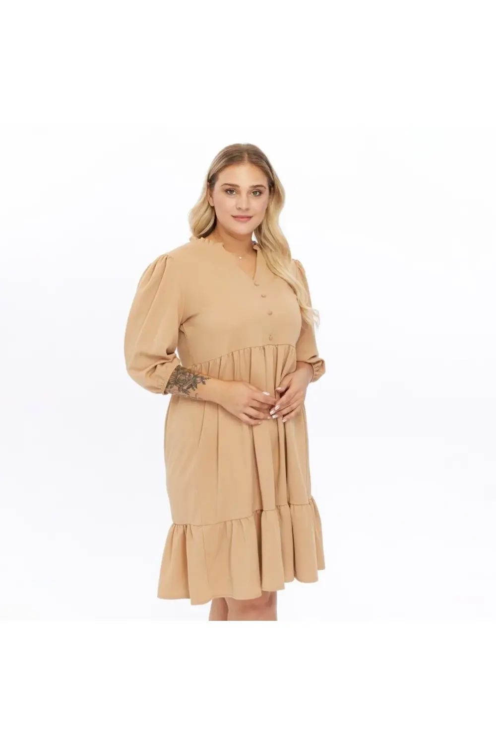 Apsen  Kadın Büzgü Detaylı Düğmeli Midi Boy Büyük Beden Elbise 441