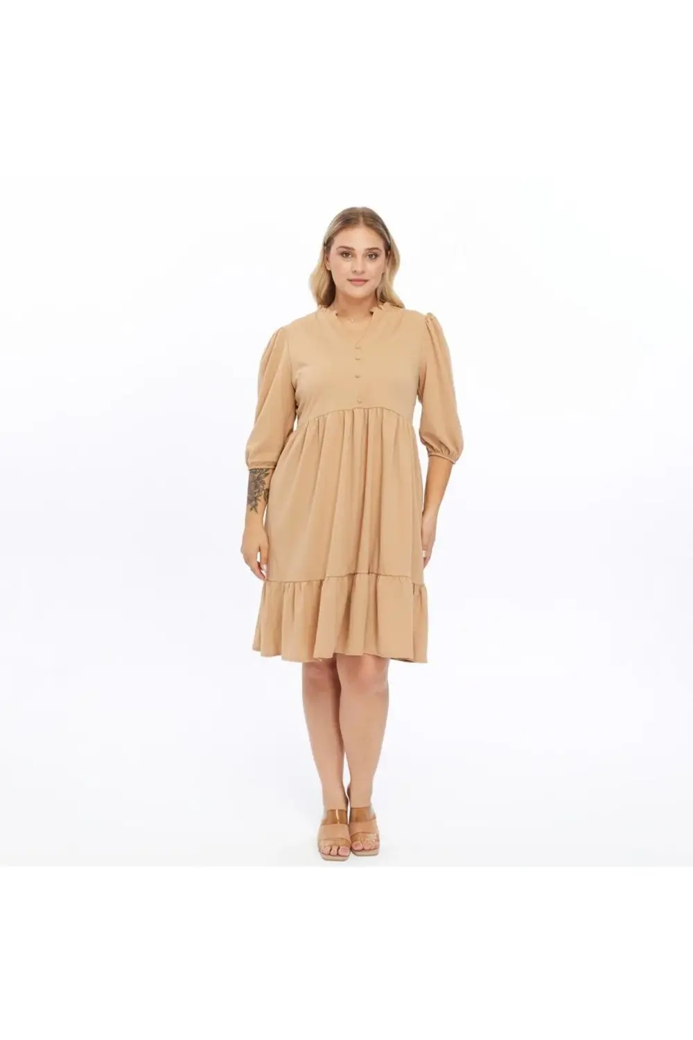 Apsen  Kadın Büzgü Detaylı Düğmeli Midi Boy Büyük Beden Elbise 441