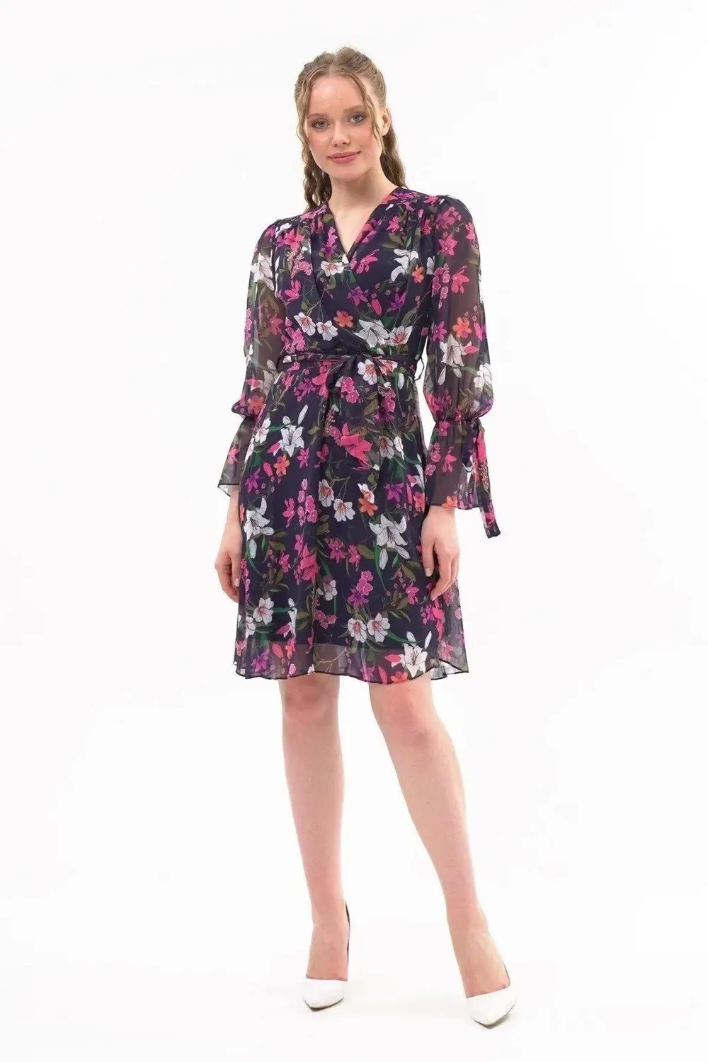 Apsen Kadın Çiçek Desenli Kruvaze Yaka Midi Şifon Elbise 4433-100