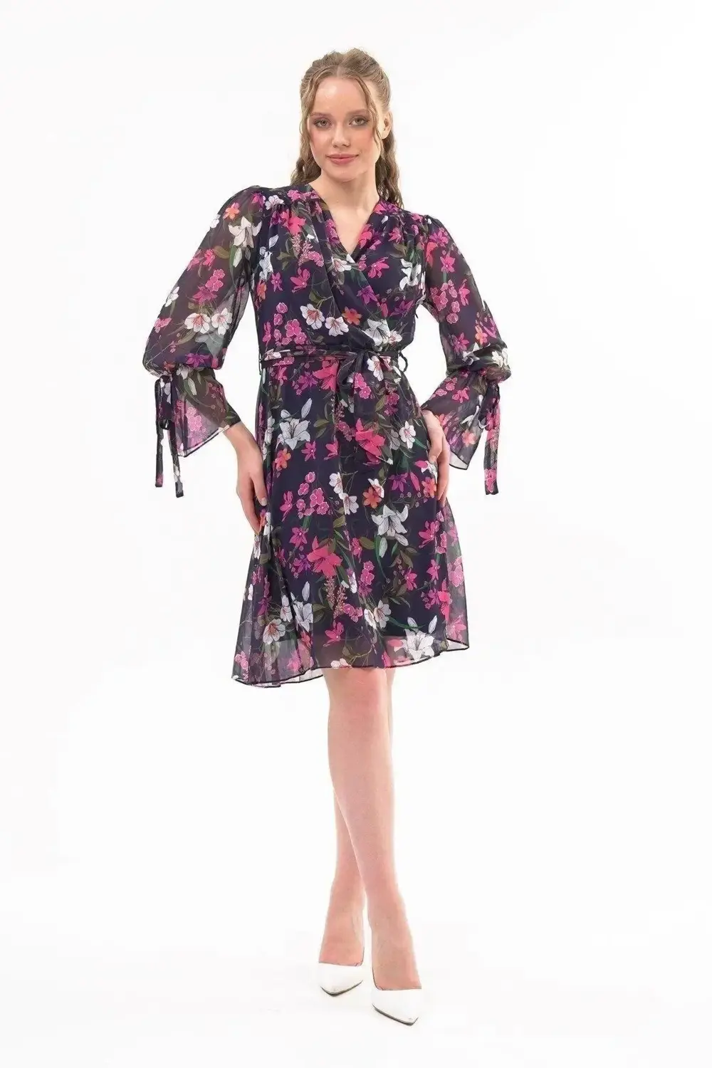 Apsen Kadın Çiçek Desenli Kruvaze Yaka Midi Şifon Elbise 4433-100