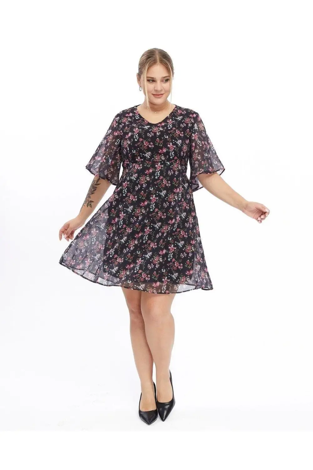 Apsen  Kadın Çiçek Desenli Melek Kol Büyük Beden Şifon Siyah Elbis