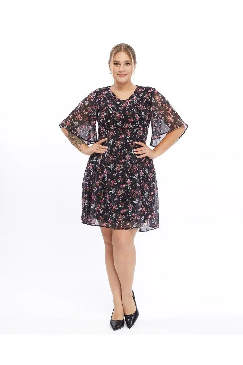 Apsen  Kadın Çiçek Desenli Melek Kol Büyük Beden Şifon Siyah Elbis