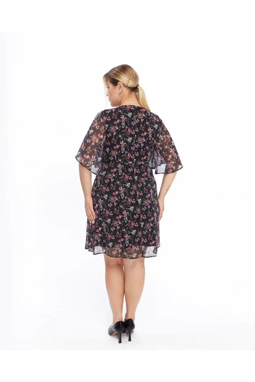 Apsen  Kadın Çiçek Desenli Melek Kol Büyük Beden Şifon Siyah Elbis