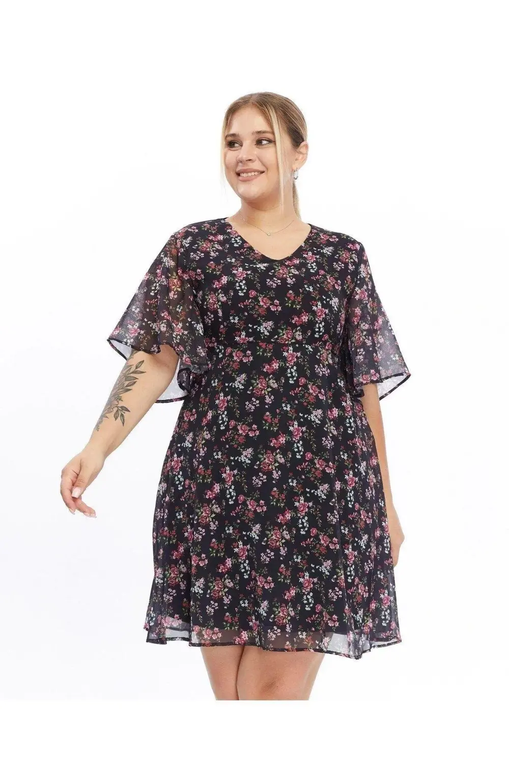 Apsen  Kadın Çiçek Desenli Melek Kol Büyük Beden Şifon Siyah Elbis