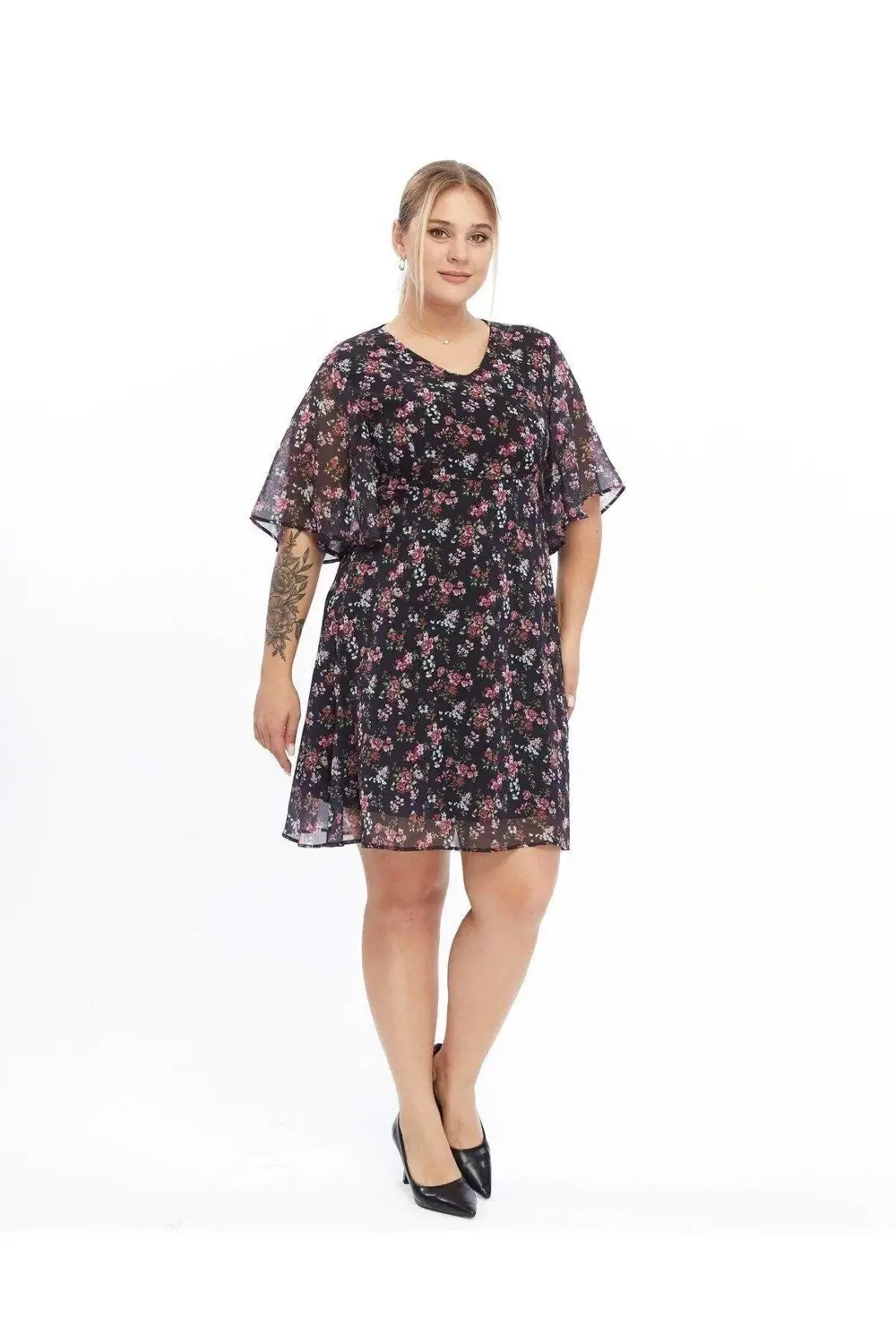 Apsen  Kadın Çiçek Desenli Melek Kol Büyük Beden Şifon Siyah Elbis