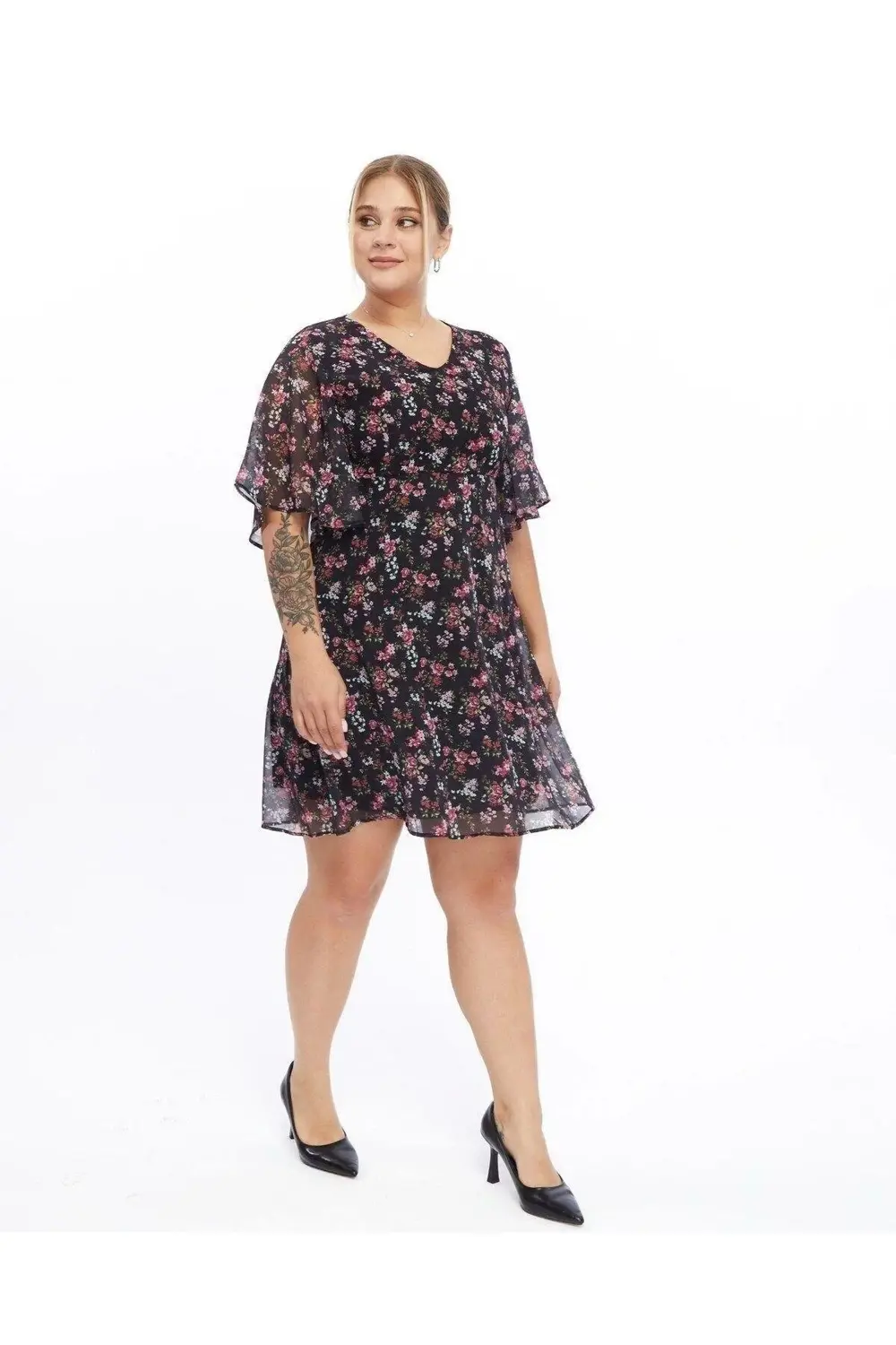 Apsen  Kadın Çiçek Desenli Melek Kol Büyük Beden Şifon Siyah Elbis