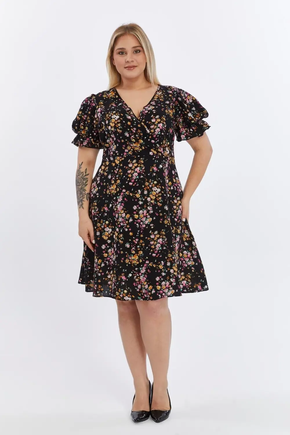 Apsen  Kadın Çiçek Desenli Viskon 4502-105 Dokuma Midi Elbise